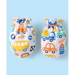 Babyhug 100% Cotton Knit Cap Mittens & Booties Set with Vehicle Print White - Diameter 10 cm