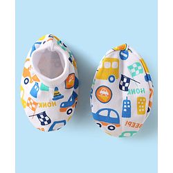 Babyhug 100% Cotton Knit Cap Mittens & Booties Set with Vehicle Print White - Diameter 10 cm
