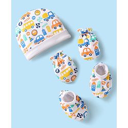 Babyhug 100% Cotton Knit Cap Mittens & Booties Set with Vehicle Print White - Diameter 10 cm