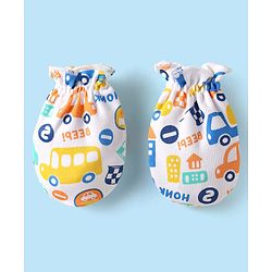 Babyhug 100% Cotton Knit Cap Mittens & Booties Set with Vehicle Print White - Diameter 10 cm