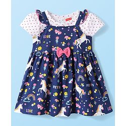 Babyhug Cotton  Woven Half Sleeves Inner T-Shirt & Frock with Unicorn Print & Bow Applique - Blue & White