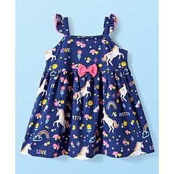Babyhug Cotton  Woven Half Sleeves Inner T-Shirt & Frock with Unicorn Print & Bow Applique - Blue & White