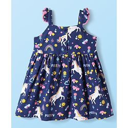 Babyhug Cotton  Woven Half Sleeves Inner T-Shirt & Frock with Unicorn Print & Bow Applique - Blue & White