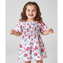 Babyhug Single Jersey Knit Half Sleeves Frock With Floral Print & Smock Detailing - White