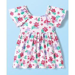 Babyhug Single Jersey Knit Half Sleeves Frock With Floral Print & Smock Detailing - White
