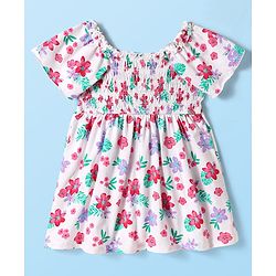 Babyhug Single Jersey Knit Half Sleeves Frock With Floral Print & Smock Detailing - White
