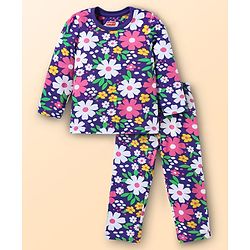 Babyhug Cotton Knit Full Sleeves Co-ords Night Suit with Floral Print - Purple