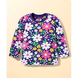 Babyhug Cotton Knit Full Sleeves Co-ords Night Suit with Floral Print - Purple