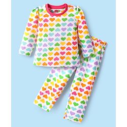 Babyhug Cotton Knit Full Sleeves Co-Ord Nightsuit with Heart Print - White