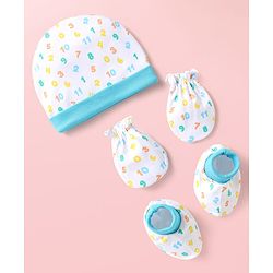 Babyhug 100% Cotton Cap Mittens & Booties With Numbers Print Light Blue - Diameter 10.5 cm