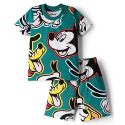 Babyhug Disney Single Jersey Knit Half Sleeves Co-ords Shorts Night Suit with Mickey & Friends Graphics - Green
