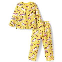 Babyhug Cotton Knit Full Sleeves Co-ords Night Suit with Unicorn & Rainbow Print - Yellow
