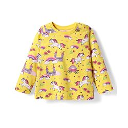 Babyhug Cotton Knit Full Sleeves Co-ords Night Suit with Unicorn & Rainbow Print - Yellow