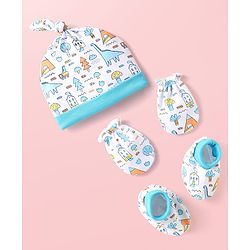Babyhug 100% Cotton Cap Mittens & Booties With Tropical Theme Print Light Blue - Diameter 10.5 cm