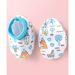 Babyhug 100% Cotton Cap Mittens & Booties With Tropical Theme Print Light Blue - Diameter 10.5 cm