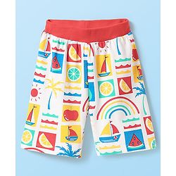 Babyhug Cotton Knit Half Sleeves Shorts Night Suit With Fruit & Boat Print - White