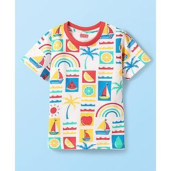 Babyhug Cotton Knit Half Sleeves Shorts Night Suit With Fruit & Boat Print - White