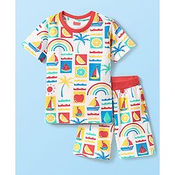 Babyhug Cotton Knit Half Sleeves Shorts Night Suit With Fruit & Boat Print - White