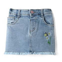 Babyhug Denim Mid Thigh Washed Skirts With Floral & Bee Embroidery - Light Blue