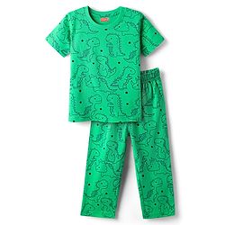 Babyhug Cotton Knit Half Sleeves Co-Ord Night Suit with Dino Print - Light Green