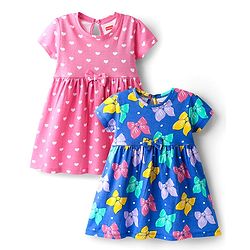 Babyhug Single Jersey Knit Half Sleeves Frocks with Hearts & Bow Print Pack of 2 - Pink & Blue