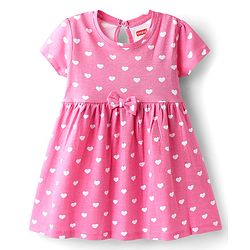 Babyhug Single Jersey Knit Half Sleeves Frocks with Hearts & Bow Print Pack of 2 - Pink & Blue
