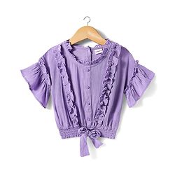 Babyhug Cotton Knit Half Sleeves Tops With Frill Detailing - Purple