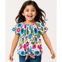 Babyhug Rayon Woven Frill Sleeves Top With Floral Print - White