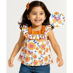 Babyhug Rayon Woven Frill Sleeves Floral Printed Top with Chifilli Detailing - White