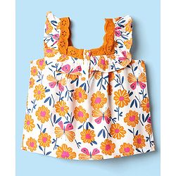 Babyhug Rayon Woven Frill Sleeves Floral Printed Top with Chifilli Detailing - White