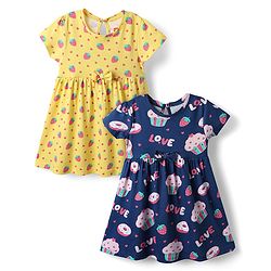 Babyhug Single Jersey Knit Half Sleeves Frocks with Tropical Print Pack of 2 - Navy Blue & Yellow