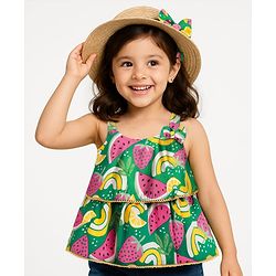 Babyhug Rayon Woven Sleeveless Layered Top with Tropical Theme Print & Bow Applique - Green