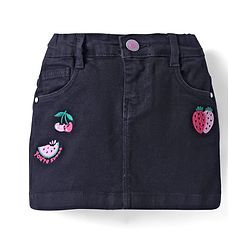 Babyhug Mid Thigh Length Denim Skirt with Fruit Embroidery - Black