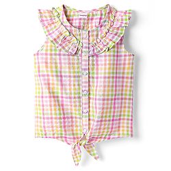 Babyhug Seer Sucker Woven Frill Sleeves Knotted Top with Checks - Multicolor