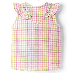 Babyhug Seer Sucker Woven Frill Sleeves Knotted Top with Checks - Multicolor
