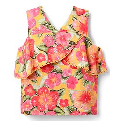 Babyhug Woven Sleeveless Top with Floral Print & Lace Detailing - Yellow & Pink