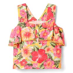 Babyhug Woven Sleeveless Top with Floral Print & Lace Detailing - Yellow & Pink