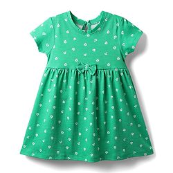 Babyhug Single Jersey Knit Half Sleeves Floral & Strawberry Printed Frocks With Bow Applique Pack of 2 - Yellow & Green
