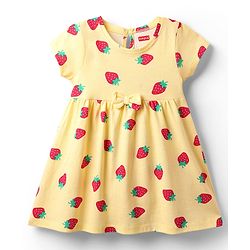Babyhug Single Jersey Knit Half Sleeves Floral & Strawberry Printed Frocks With Bow Applique Pack of 2 - Yellow & Green