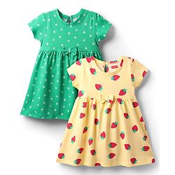Babyhug Single Jersey Knit Half Sleeves Floral & Strawberry Printed Frocks With Bow Applique Pack of 2 - Yellow & Green