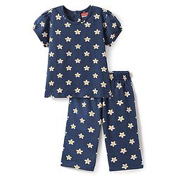 Babyhug Cotton Knit Half Sleeves Co-ord Capri Night Suit with Star Print - Navy Blue