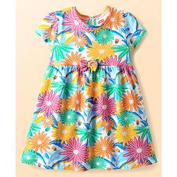 Babyhug Single Jersey Knit Half Sleeves Frocks with Polka Dot & Floral Print & Bow Applique Pack of 2 - Orange & Light Green