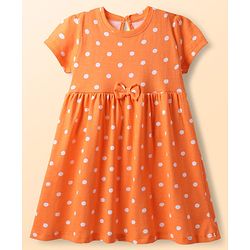 Babyhug Single Jersey Knit Half Sleeves Frocks with Polka Dot & Floral Print & Bow Applique Pack of 2 - Orange & Light Green
