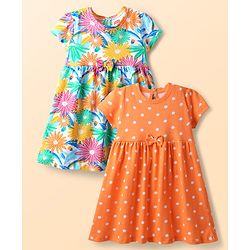 Babyhug Single Jersey Knit Half Sleeves Frocks with Polka Dot & Floral Print & Bow Applique Pack of 2 - Orange & Light Green