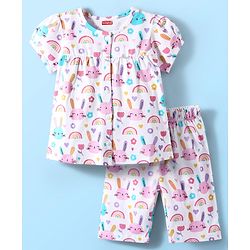 Babyhug Cotton Knit Half Sleeves Capri Co-Ord Night Suit with Animal & Rainbow - White