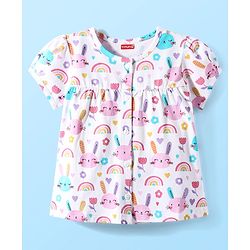 Babyhug Cotton Knit Half Sleeves Capri Co-Ord Night Suit with Animal & Rainbow - White