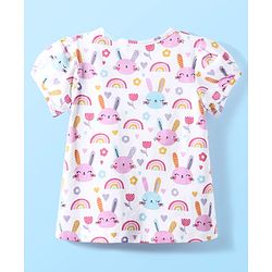Babyhug Cotton Knit Half Sleeves Capri Co-Ord Night Suit with Animal & Rainbow - White