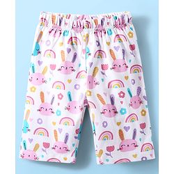 Babyhug Cotton Knit Half Sleeves Capri Co-Ord Night Suit with Animal & Rainbow - White