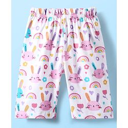 Babyhug Cotton Knit Half Sleeves Capri Co-Ord Night Suit with Animal & Rainbow - White
