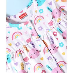 Babyhug Cotton Knit Half Sleeves Capri Co-Ord Night Suit with Animal & Rainbow - White
